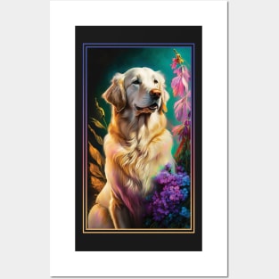 Golden Retriever Dog Vibrant Tropical Flower Tall Digital Oil Painting Portrait 3 Posters and Art